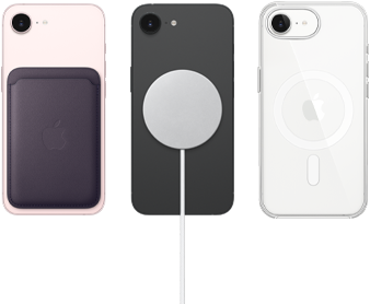 iPhone 17e en color rosa pálido con cartera de FineWoven en color morado medianoche, iPhone 17e en color negro y cargador MagSafe, iPhone 17e en color blanco con funda transparente con MagSafe