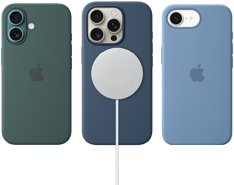 Distintos accesorios MagSafe para el iPhone. Funda de silicón con MagSafe para el iPhone 16, verde lago, funda de silicón con MagSafe para el iPhone 16 Pro, azul denim, conectada a un cargador MagSafe, blanco, funda de silicón para el iPhone 16e, azul invierno