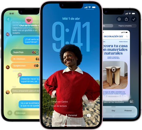Tres dispositivos iPhone 17e, se muestra la app Mensajes con el diseño de Liquid Glass, una pantalla bloqueada dinámica e Inteligencia Visual en uso