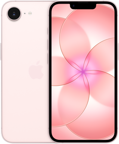 Uno al lado del otro, iPhone 17e, parte posterior, color rosa p&aacute;lido, sistema de c&aacute;mara Fusion en la esquina superior izquierda, iPhone 17e, parte frontal, dise&ntilde;o todo pantalla